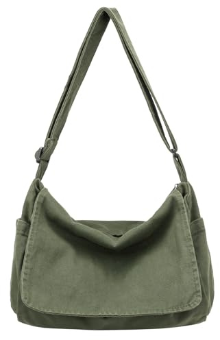 Canvas Messenger Bag for Women Men Vintage Satchel Bag Aesthetic Crossbody Shoulder Bag Casual Sling Bag (A-Green)