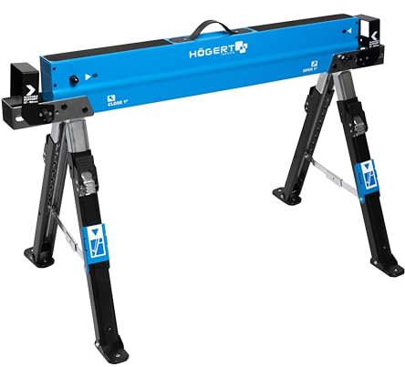 HÖGERT TECHNIK Cavalletto pieghevole regolabile in altezza 61,5 – 82 cm con portata di 590 kg, supporti per travi 40 – 90 mm, superficie di lavoro antiscivolo, supporti pieghevoli e maniglia per il