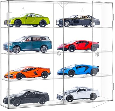 JUESHA Acrylic Display Case for 1/24 Scale Diecast Storage, 4 Levels 8 Slots Toy Cars Showcase Wall Mount Or Desktop, Clear Display Organizer for Nascar Diecast Model Car Tabletop