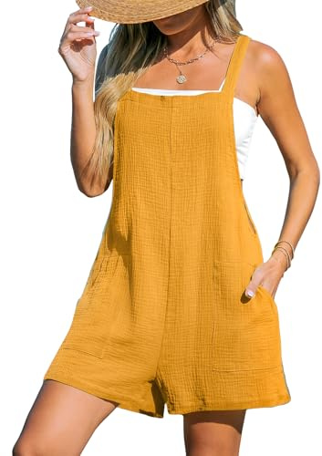 CUPSHE Tuta da donna in cotone salopette corta con scollo rotondo senza maniche generale casual gamba dritta vestito pagliaccetto tutina, Giallo, M