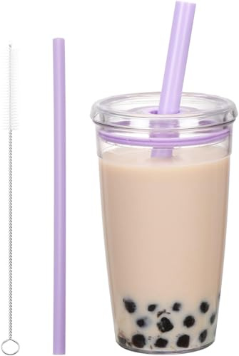 CJWLKJ Tritan - Bicchiere in plastica con coperchio e cannuccia, 470 ml, tazze da caffè ghiacciato isolate, riutilizzabili, con coperchio e cannuccia, colore: viola