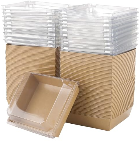 UNGFEI 100 PCS Cake Slice Box with Clear Lid, Square Charcuterie Boxes | 11 x 12 cm Individual Kraft Paper Box for Bakery, Sandwich, Cookies, Brown