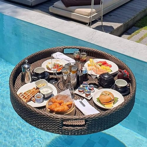 Plateau De Service Rond Tissé En Rotin Pour Servir Des Boissons À La Piscine, Brunch Flottant, Nourriture, Plateau Flottant Pour Piscine,60cm