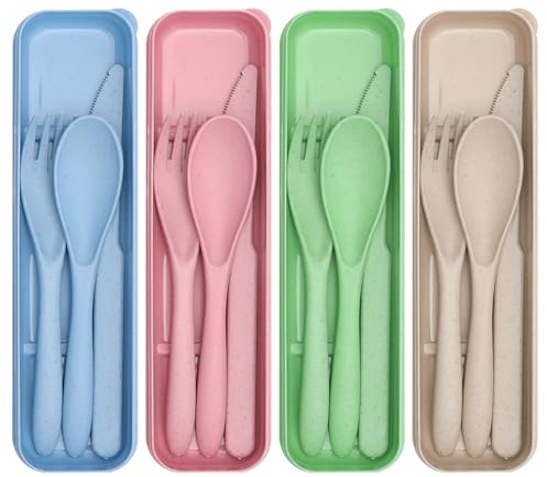 KQDRAVINE Set di 4 posate in plastica, riutilizzabili da viaggio con custodia, posate da campeggio con cucchiaio, forchetta, utensili portatili per il pranzo, posate in plastica per viaggi, picnic