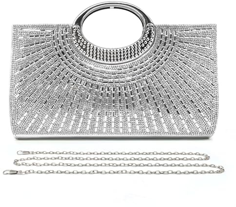 Pahajim Pochettes et Clutches Femme Chic Sac Soiree Brillant Sac à Main avec Bandoulière Chaine pour les Mariages, les Cérémonies, les Fêtes (Argent)