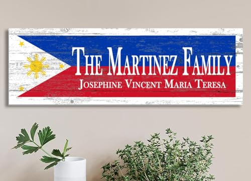 Wooden Philippines Flag Sign - Custom Family Name - Personalized Filipino Decor Heritage Wall Plaque – Solid Wood -16.5x5.5 Inches
