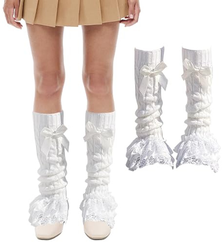 EDLMKM Knitted Leg Warmers for Women Girls, Winter Boot Cuffs Warm Knee Warmers, Lady Fashion Long Boot Cuff Knee Socks, Lolita High Socks with Bow for Y2k Ballet Dance Ice Skating Accessories
