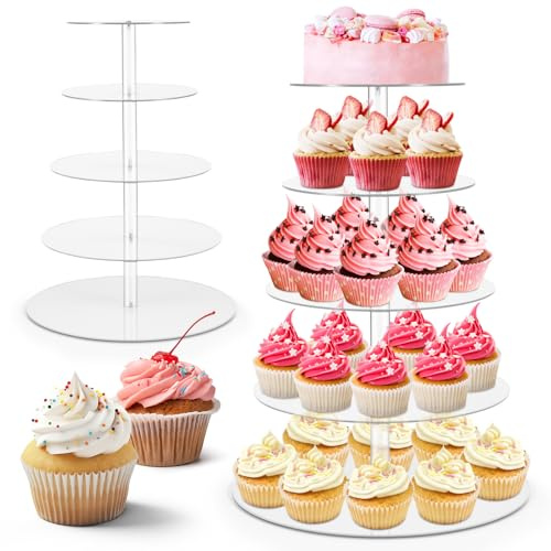 ZONJIE Cupcake Stand 5 Tier Cake Stand - Clear Acrylic Cake Display Stands Reusable Cake Dessert Tower Round Tiered Cupcake Holder for Birthday, Wedding, Graduation, Anniversary & Party Decoratio