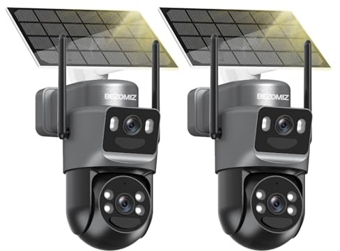 BEZOMIZ 4K Telecamera di sorveglianza WiFi esterna a doppia obiettivo, 2,4 G/5 GHz, fotocamera 2 in 1, rilevamento umano con pannello solare, monitoraggio automatico, visione notturna colore, audio