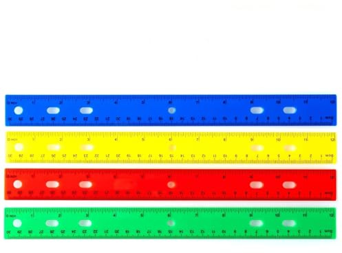 Pack de 4 reglas de plástico, amarillo, rojo, azul, verde, regla de precisión de 30 cm, herramienta de medición flexible, para escuela, oficina, hogar (color oscuro)