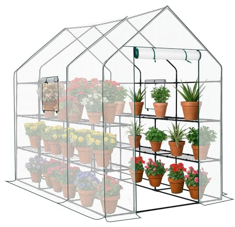 LEADZM Gewächshaus mit UV-beständiger PE-Gitterfolie，12 Metallablagegittern, Sturm-Winterfest, Schutz vor Kälte,Frost, Anzucht für Tomaten & Pflanzen, Balkon Garten (Transparent, 142 x 216 x 196 cm)