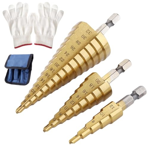 Professional Step Drill Bit Set, 3PCS 4mm to12/20/32mm HSS Titanium Coated Double Slot Cone Cutter for Metal, Wood, Plastic & Sheet Steel