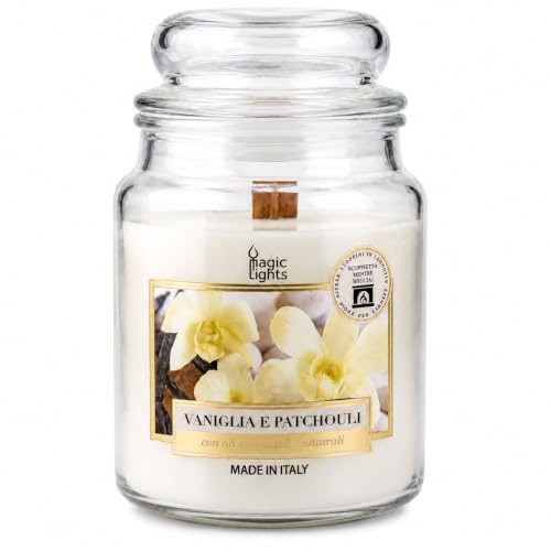 Magic Lights Candela Profumata in Giara Vaniglia & Patchouli 510 g con Stoppino in Legno