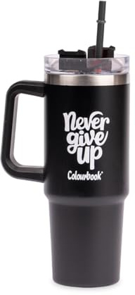 Colourbook Borraccia Termica 900 Ml Nera In Acciaio Inox Con Cannuccia E Manico, Bottiglia Isolata Caldo Freddo Per Sport Ufficio Scuola, Beccuccio Richiudibile Antigoccia Design Slurp