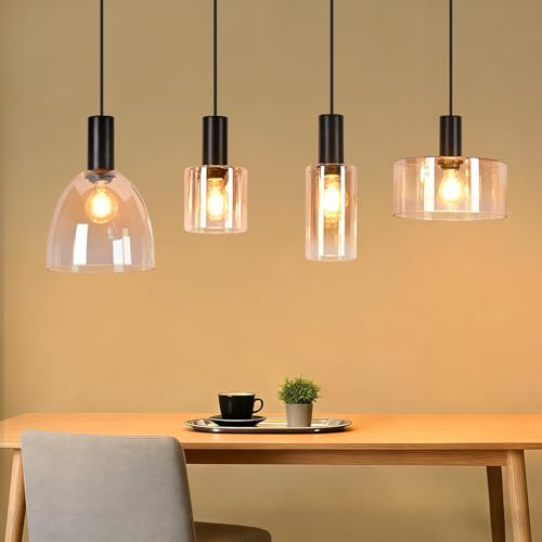 CBJKTX Pendellampe Esstisch Hängelampe 4 Flammig Glas Hängeleuchte | Vintage Küchenlampe Hängend E27 Esszimmerlampe Industrial Pendellampe Höhenverstellbar Wohnzimmer Esszimmer(Ohne Lichtquelle)