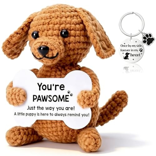 KMFASVX Emotional Support Crochet Positive Dog with Inspirational Cards and keychain,Pawsitive Knitted Gift Plush Doll for Dog Lover Women Men,Good Luck Present for Birthday,Office Home Desk Decor