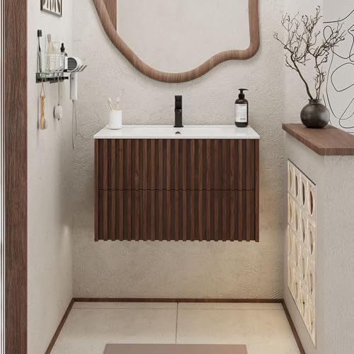 UEV Meuble Salle de Bain 80cm, Meuble Suspendu avec Lavabo en Céramique, Deux Tiroirs avec Grand Espace de Rangement, Poignée Cachée, Motif de Ligne, 80 x 45 x 50cm, Marron