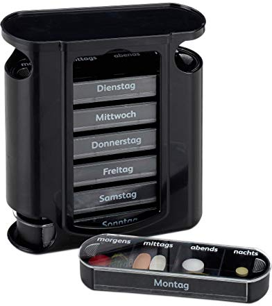 Relaxdays Pillendose 7 Tage, wöchentliche Tablettenbox, 4 Fächer, morgens, mittags, abends, nachts, Pillenbox, schwarz