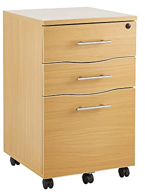 MMT Aktenschrank mit 3 Schubladen, mobiler Sockel mit Hängemappen, Buche, 42 cm breit x 43,5 cm tief x 68 cm hoch