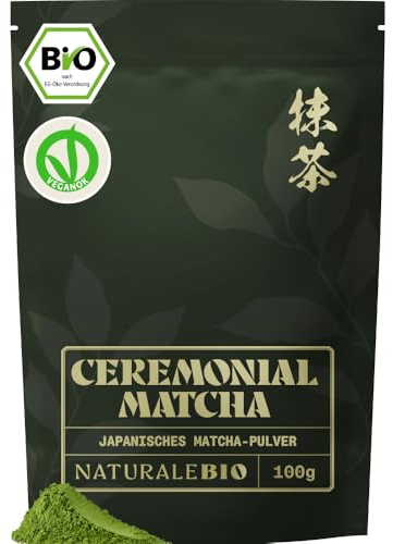 NaturaleBio Tè Verde Matcha Biologico in Polvere. Grado Cerimoniale A, 100g. Prodotto in Giappone, Uji, Kyoto. Ideale con latte o per la Cerimonia del Tè. Senza Zuccheri Aggiunti e Conservanti.