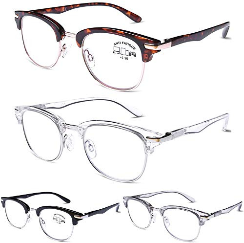DOOViC 4 Pack Blue Light Blocking Reading Glasses Anti Eyestrain Fashion Classic Style Spring Hinge Computer Readers for Women Men 2.00 Strength