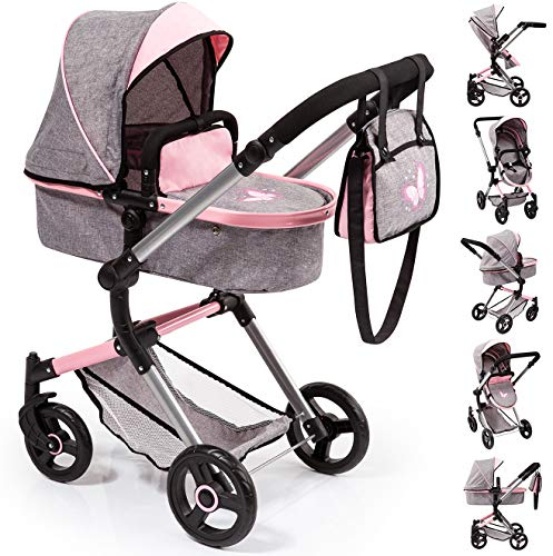 Bayer Design 18433AA Butterfly Kombi Puppenwagen Neo Vario mit Wickeltasche und Einkaufskorb, umwandelbar in einen Sportwagen, höhenverstellbar, grau Jeans-Optik, rosa, Schmetterling, 52cm