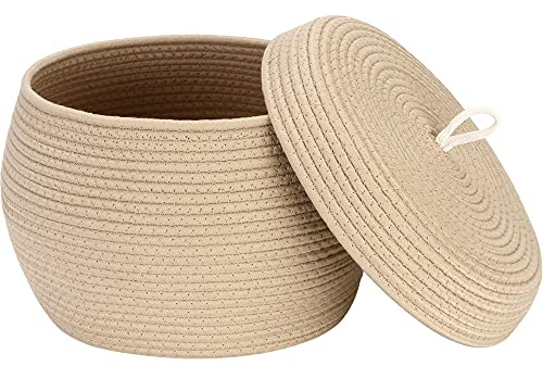 Sea Team Round Cotton Rope Storage Basket with Lid, Decorative Woven Storage Bin, Pot, Caddy, Organizer, Container for Snacks, Towels, Plants, 13 x 9 Inches (Large Size, Khaki)