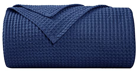 PHF 100% Cotton Waffle Blanket, Cuddly Blanket, 220 x 240 cm, Lightweight and Breathable, Perfect for Summer, Oeko-Tex® Certified, Hotel Linen Quality, Ideal for Sofa, Couch, Bed, Navy Blue
