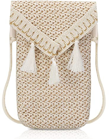 Soleebee Handy Umhängetasche Geflochtener Boho PU Leder Handytasche Damen Crossbody Geldbörse Handy Schultertasche mit Abnehmbar Schultergurt für Handy unter 7 Zoll - Quaste