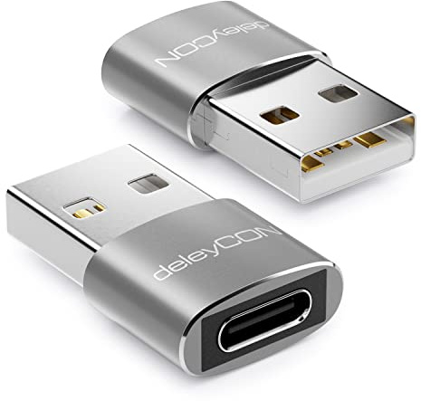 deleyCON Adaptateur USB C (2 Pièces) C Femelle vers A Mâle - pour Câble de Charge Câble de Données - pour iPhone 17 16 15, iPad, Airpods, Watch, Galaxy S25/S24, PC, Ordinateur Portable - Argent