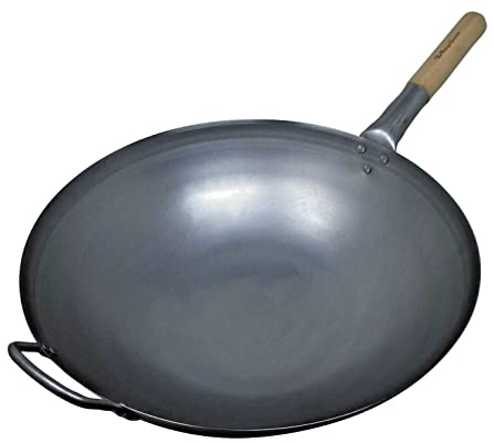 VG® Commercial Grade Authentic Carbon Steel Wok Heavy Duty Traditional Hand Crafted Strong Wooden Handle & Steel Helper Handle Round or Flat Bottomed Optional Ring (14 Inch (36cm) Round Base)