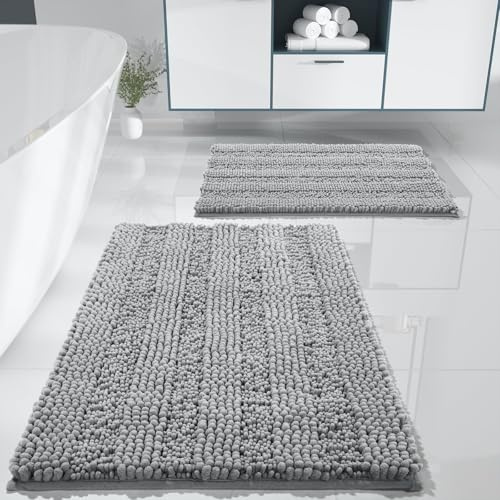 Yimobra Bathroom Rug Set 2 Piece, Soft Absorbent Chenille Bath Mat Set, Non Slip Machine Washable Quick Dry, Plush Shower Rugs for Bathroom Floor Sink Tub and Shower Outside, 32x20+24x17, Gray