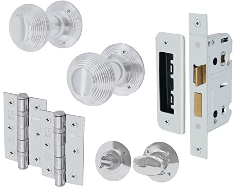 EAI Polished Chrome Door Knobs with Bathroom Lock 80mm and Hinges - Beehive | Complete Bathroom Kit with 1 Pair of Beehive Mortice 55mm Door Knobs, 80mm Bathroom Lock, 76mm Hinges, Fixings Included
