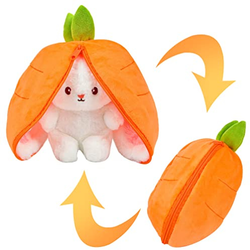 Vibbang Easter Plush Bunny Toy, Reversible Rabbit Carrot Strawberry Pillow with Zipper, Cute Strawberry Bunny Plushies Doll, Stuffed Animals Rabbit Muppet Toys for Boys Girls Kids Adults(Orange)