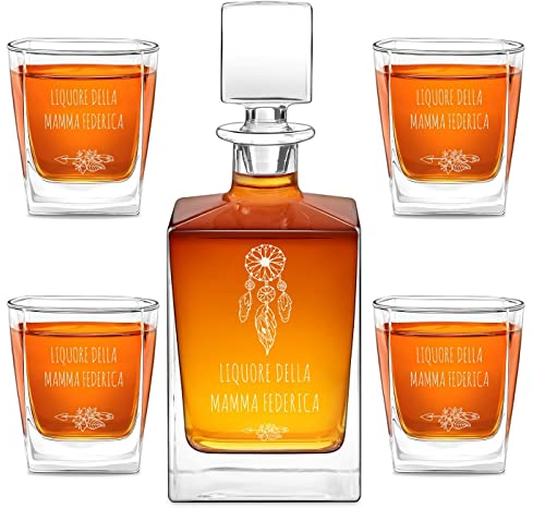 Maverton set Decanter da whisky con 4/6 bicchieri - incisione personalizzata - Caraffa vetro con tappo 810 ml - Bottiglia per whisky - pensiero originale donna - per compleanno - sognatori