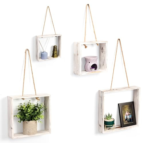 Belle Vous (4er-Pack) Schwebendes Regal Holz Wandregal Weiß - 4 Größen - Quadratisches Regal zum Aufhängen - Regal Weiß Set für Wohnzimmer, Schlafzimmer, Küche, Badezimmer & Heimdekoration