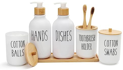 FEILANDUO 6 pezzi in plastica, set di accessori per il bagno con vassoio di vanità, dispenser di sapone, set porta spazzolino da denti, Qtip e porta palline di cotone (R-Bianco)