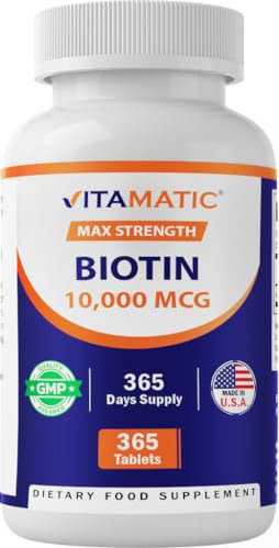 Vitamatic Biotin 10,000 mcg for Stronger Hair, Skin & Nails - 365 Vegan Tablets- Also Called Vitamin B7