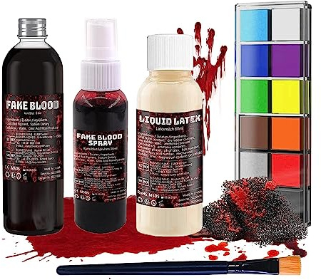 Halloween Kunstblut & Latexmilch Makeup Set, Modellierung Narbe Wachs mit Spatel Werkzeug, Schwamm für Halloween Partys, Kostümfeste, Karneval, Vampir, Zoombie