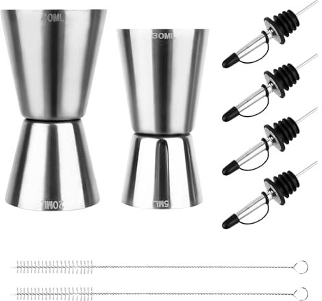 RUCUDIM 3 Pezzi Misurino Doppio per Cocktail in Acciaio Inox 15ml,20ml,30ml,40ml Jigger Barman Graduato Professionale Con 4 versatori per bottiglie e 2 spazzole per feste da barWine Drinks Shaker