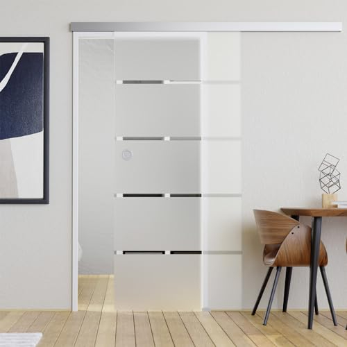 Softclose Glasschiebetür Komplettset mit Tür teil satiniert Stripes 10 Beschlag Edelstahl matt 935 x 2058 mm - Schiebetür Komplettset Milchglas Streifen für Zimmer Küche Badezimmer