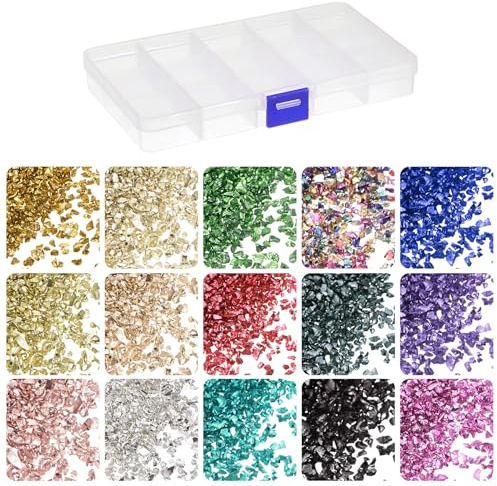 sourcing map 300g Crushed Glass 1-3mm 15 Colors Shiny Electroplating Irregular Broken Glass Chips for Crafts DIY Resin Art Decoration Mold Vase Filler, Colorful Color Series