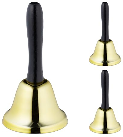 Relaxdays Handglocke 3er Set, lauter Klang, Handklingel Metall, Holzgriff, Lehrerglocke, HxD: 12 x 6,5 cm, gold/schwarz