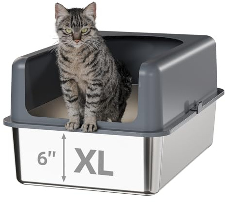 Bsadne Lettiera per Gatti in Acciaio Inox con Coperchio, Lettiera in Acciaio Inox Facile da Pulire per Gatti (24''L X 16''L X 12''H con Copertura)