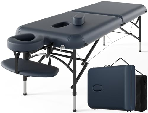 CLORIS Professionelle Massageliege, tragbar, 2 zusammenklappbar, leicht, für Gesichtssalon, Spa, Tattoo-Bett, höhenverstellbar, mit Tragetasche und Aluminium-Bein, hält bis zu 500 kg, Blau