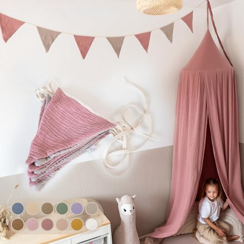 LILIMAUS Wimpelkette Stoff [in 12 Farben] Wimpelkette Kinderzimmer - 100% Baumwolle Handmade Girlande Stoff - Wimpelkette Musselin - Hausbett Deko Mädchen & Jungen - Girlande für Babyzimmer