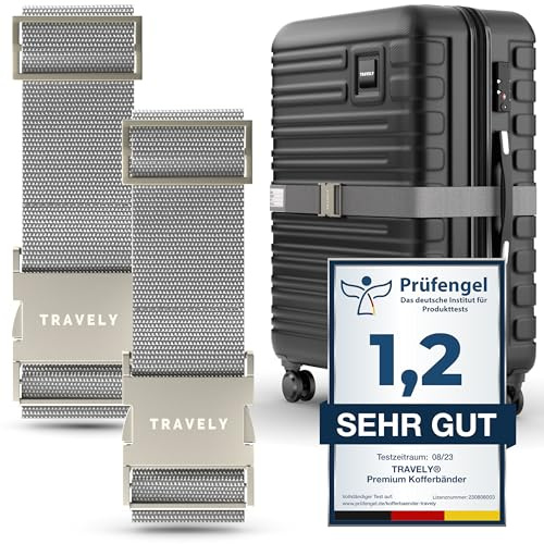 TRAVELY Premium Koffergurt mit Metallschnalle [2er Set]- Besonders Edel & Auffällig - sehr robust I inklusive Namensschild - Passend für Handgepäck bis Übergröße, Kofferband Gurt, kofferband