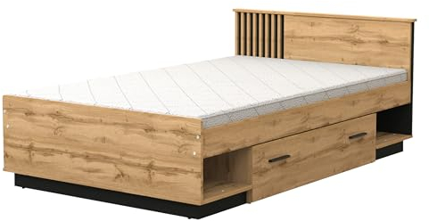 Mirjan24 Bett Lanimo LA20 mit dekorative Lamellen, 120 x 200 cm, Bettschublade, Elegante Doppelbett mit Lattenrost für Schlafzimmer, Bettgestell, Schlafmöbel (Wotan Eiche/Wotan Eiche + Schwarz)