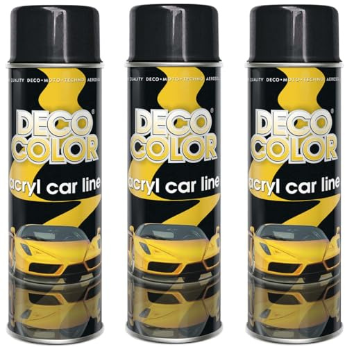 Deco Color 3er Sparpack ACRYL CAR LINE SCHWARZ GLANZ RAL 9005 in 500ml - Lackspray für z.B. KFZ, Auto, Motorrad, Alufelgen, Stahlfelgen (3 Dosen 500ml Schwarz GLANZ)