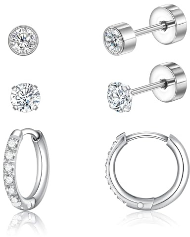 Ohrringe 3er Set, Titan Ohrringe Hypoallergen Damen Herren Mädchen G23 Titan Ohrstecker mit Schraubverschluss Zirkonia Ohrstecker 3/4/5mm